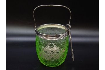 ウランガラス　籠目文　幻想的な色が美しいアイスペール(硝子、氷入れ、アイスバスケット、氷おけ、氷桶、アイストング付)(R-082814)