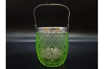 ウランガラス　籠目文　幻想的な色が美しいアイスペール(硝子、氷入れ、アイスバスケット、氷おけ、氷桶、アイストング付)(R-082814)