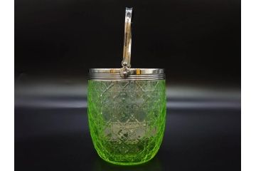 ウランガラス　籠目文　幻想的な色が美しいアイスペール(硝子、氷入れ、アイスバスケット、氷おけ、氷桶、アイストング付)(R-082814)