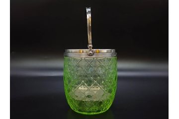 ウランガラス　籠目文　幻想的な色が美しいアイスペール(硝子、氷入れ、アイスバスケット、氷おけ、氷桶、アイストング付)(R-082814)