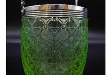 ウランガラス　籠目文　幻想的な色が美しいアイスペール(硝子、氷入れ、アイスバスケット、氷おけ、氷桶、アイストング付)(R-082814)