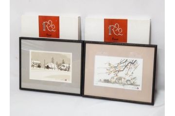真作　1992年　1993年　橋本広喜　「秋イメージ」　439/500　「冬イメージ」　100/500　温かみと安らぎを感じるリトグラフ2点セット(柿、雪、山村、風景、サイン入り、額付、外箱付)(R-082819)