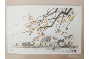 真作　1992年　1993年　橋本広喜　「秋イメージ」　439/500　「冬イメージ」　100/500　温かみと安らぎを感じるリトグラフ2点セット(柿、雪、山村、風景、サイン入り、額付、外箱付)(R-082819)