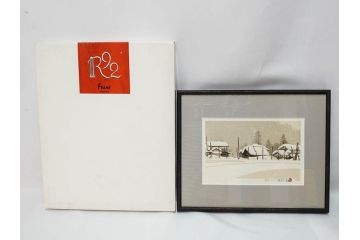 真作　1992年　1993年　橋本広喜　「秋イメージ」　439/500　「冬イメージ」　100/500　温かみと安らぎを感じるリトグラフ2点セット(柿、雪、山村、風景、サイン入り、額付、外箱付)(R-082819)