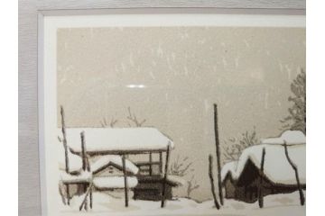真作　1992年　1993年　橋本広喜　「秋イメージ」　439/500　「冬イメージ」　100/500　温かみと安らぎを感じるリトグラフ2点セット(柿、雪、山村、風景、サイン入り、額付、外箱付)(R-082819)