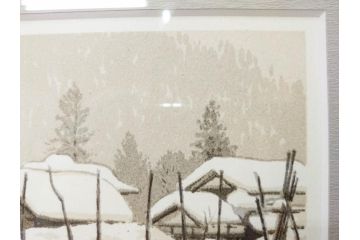 真作　1992年　1993年　橋本広喜　「秋イメージ」　439/500　「冬イメージ」　100/500　温かみと安らぎを感じるリトグラフ2点セット(柿、雪、山村、風景、サイン入り、額付、外箱付)(R-082819)