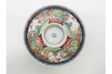 上手物　江戸期　古伊万里　色絵　約12cm　3.7寸　華やかな雰囲気溢れる蓋付き茶碗3客セット(松竹梅、金彩、風景、花、器、どんぶり、蓋茶碗、和食器、三寸七分)(R-082822)