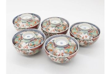上手物　江戸期　古伊万里　色絵　約12cm　3.7寸　食卓を艶やかに彩る蓋付き茶碗5客セット(松竹梅、金彩、風景、花、器、どんぶり、蓋茶碗、和食器、三寸七分)(R-082823)