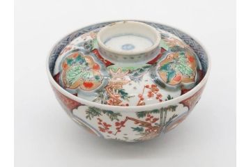 上手物　江戸期　古伊万里　色絵　約12cm　3.7寸　食卓を艶やかに彩る蓋付き茶碗5客セット(松竹梅、金彩、風景、花、器、どんぶり、蓋茶碗、和食器、三寸七分)(R-082823)