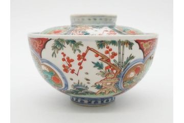 上手物　江戸期　古伊万里　色絵　約12cm　3.7寸　食卓を艶やかに彩る蓋付き茶碗5客セット(松竹梅、金彩、風景、花、器、どんぶり、蓋茶碗、和食器、三寸七分)(R-082823)