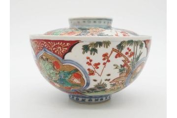 上手物　江戸期　古伊万里　色絵　約12cm　3.7寸　食卓を艶やかに彩る蓋付き茶碗5客セット(松竹梅、金彩、風景、花、器、どんぶり、蓋茶碗、和食器、三寸七分)(R-082823)