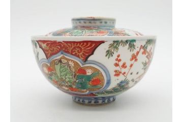 上手物　江戸期　古伊万里　色絵　約12cm　3.7寸　食卓を艶やかに彩る蓋付き茶碗5客セット(松竹梅、金彩、風景、花、器、どんぶり、蓋茶碗、和食器、三寸七分)(R-082823)