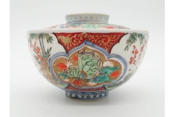 上手物　江戸期　古伊万里　色絵　約12cm　3.7寸　食卓を艶やかに彩る蓋付き茶碗5客セット(松竹梅、金彩、風景、花、器、どんぶり、蓋茶碗、和食器、三寸七分)(R-082823)