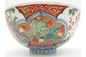 上手物　江戸期　古伊万里　色絵　約12cm　3.7寸　食卓を艶やかに彩る蓋付き茶碗5客セット(松竹梅、金彩、風景、花、器、どんぶり、蓋茶碗、和食器、三寸七分)(R-082823)
