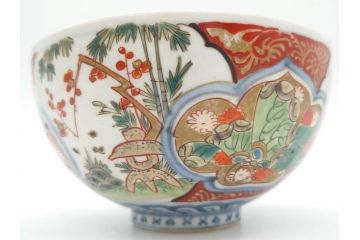 上手物　江戸期　古伊万里　色絵　約12cm　3.7寸　食卓を艶やかに彩る蓋付き茶碗5客セット(松竹梅、金彩、風景、花、器、どんぶり、蓋茶碗、和食器、三寸七分)(R-082823)