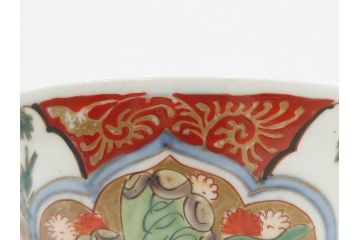 上手物　江戸期　古伊万里　色絵　約12cm　3.7寸　食卓を艶やかに彩る蓋付き茶碗5客セット(松竹梅、金彩、風景、花、器、どんぶり、蓋茶碗、和食器、三寸七分)(R-082823)