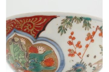 上手物　江戸期　古伊万里　色絵　約12cm　3.7寸　食卓を艶やかに彩る蓋付き茶碗5客セット(松竹梅、金彩、風景、花、器、どんぶり、蓋茶碗、和食器、三寸七分)(R-082823)
