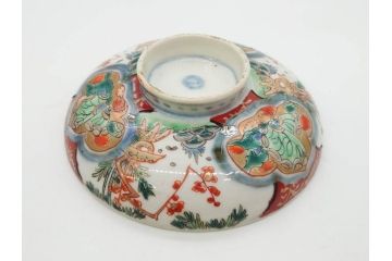 上手物　江戸期　古伊万里　色絵　約12cm　3.7寸　食卓を艶やかに彩る蓋付き茶碗5客セット(松竹梅、金彩、風景、花、器、どんぶり、蓋茶碗、和食器、三寸七分)(R-082823)