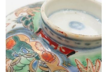 上手物　江戸期　古伊万里　色絵　約12cm　3.7寸　食卓を艶やかに彩る蓋付き茶碗5客セット(松竹梅、金彩、風景、花、器、どんぶり、蓋茶碗、和食器、三寸七分)(R-082823)