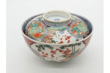 上手物　江戸期　古伊万里　色絵　約12cm　3.7寸　食卓を艶やかに彩る蓋付き茶碗5客セット(松竹梅、金彩、風景、花、器、どんぶり、蓋茶碗、和食器、三寸七分)(R-082823)