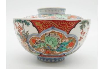上手物　江戸期　古伊万里　色絵　約12cm　3.7寸　食卓を艶やかに彩る蓋付き茶碗5客セット(松竹梅、金彩、風景、花、器、どんぶり、蓋茶碗、和食器、三寸七分)(R-082823)