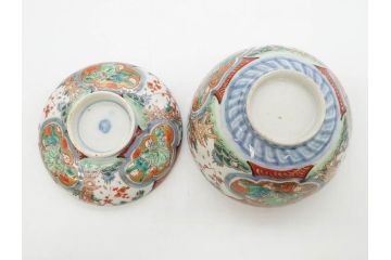 上手物　江戸期　古伊万里　色絵　約12cm　3.7寸　食卓を艶やかに彩る蓋付き茶碗5客セット(松竹梅、金彩、風景、花、器、どんぶり、蓋茶碗、和食器、三寸七分)(R-082823)