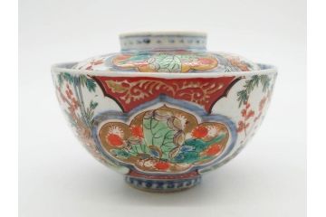 上手物　江戸期　古伊万里　色絵　約12cm　3.7寸　食卓を艶やかに彩る蓋付き茶碗5客セット(松竹梅、金彩、風景、花、器、どんぶり、蓋茶碗、和食器、三寸七分)(R-082823)
