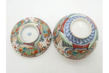 上手物　江戸期　古伊万里　色絵　約12cm　3.7寸　食卓を艶やかに彩る蓋付き茶碗5客セット(松竹梅、金彩、風景、花、器、どんぶり、蓋茶碗、和食器、三寸七分)(R-082823)