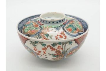 上手物　江戸期　古伊万里　色絵　約12cm　3.7寸　食卓を艶やかに彩る蓋付き茶碗5客セット(松竹梅、金彩、風景、花、器、どんぶり、蓋茶碗、和食器、三寸七分)(R-082823)