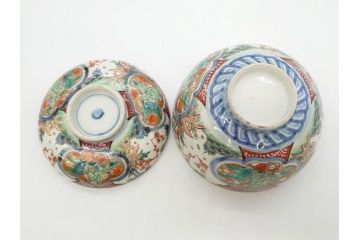 上手物　江戸期　古伊万里　色絵　約12cm　3.7寸　食卓を艶やかに彩る蓋付き茶碗5客セット(松竹梅、金彩、風景、花、器、どんぶり、蓋茶碗、和食器、三寸七分)(R-082823)