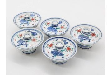 有田焼　伊万里　染錦　獅子　宝珠　約9cm　2.9寸　匠の美技を感じる蓋付き茶碗5客セット(珍味入れ、器、どんぶり、和食器、二寸九分)(R-082824)