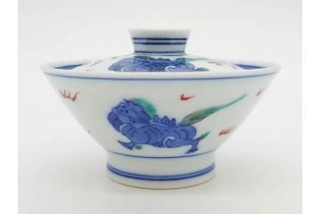 有田焼　伊万里　染錦　獅子　宝珠　約9cm　2.9寸　匠の美技を感じる蓋付き茶碗5客セット(珍味入れ、器、どんぶり、和食器、二寸九分)(R-082824)