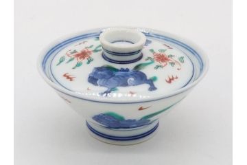 有田焼　伊万里　染錦　獅子　宝珠　約9cm　2.9寸　匠の美技を感じる蓋付き茶碗5客セット(珍味入れ、器、どんぶり、和食器、二寸九分)(R-082824)
