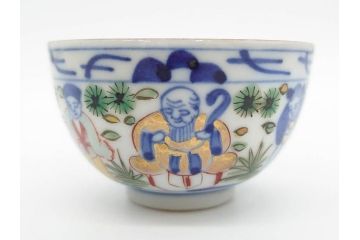 大明萬暦年製　五彩　唐人　寛ぎの時間を演出する煎茶器セット(急須、湯冷まし、煎茶碗、湯呑み、湯のみ、竹林、賢人、竜、龍、金彩、茶道具、共箱付)(R-082825)