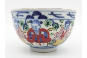 大明萬暦年製　五彩　唐人　寛ぎの時間を演出する煎茶器セット(急須、湯冷まし、煎茶碗、湯呑み、湯のみ、竹林、賢人、竜、龍、金彩、茶道具、共箱付)(R-082825)
