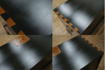 中古　美品!!　国産職人手作り品　黒タン材　「蟻(あり)組」仕立て　美しい花梨象嵌と寄木細工が目を惹くバンタチ風収納箪笥　定価約90万円相当　(R-082843)