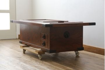 中古　美品!!　岩谷堂箪笥　菊幸　欅(ケヤキ)材　漆塗り　美しく迫力のある杢目が魅力的な長火鉢(木製火鉢、囲炉裏テーブル、ローテーブル、センターテーブル、リビングテーブル、座卓)(R-082845)