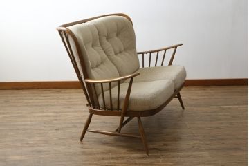イギリスビンテージ　ERCOL(アーコール)　エバーグリーン　曲げ木のフレームが目を惹くハイバック2人掛けソファ(アームソファ、ラブソファ、二人掛け、ヴィンテージ、英国)(定価約72万円)(R-082849)
