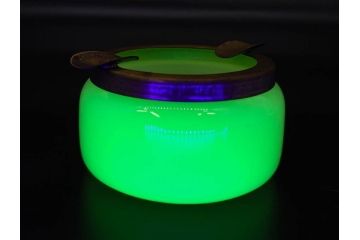 戦前 当時物 ウランガラス 上品な佇まいの小物入れ&灰皿セット(蓋物、アシュトレイ、和ガラス、硝子瓶)(R-082861)