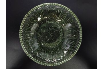 明治〜大正期　プレスガラス　ポンド皿6枚セット(格言皿、SMALL GAINS、BRING RICHESIN、A GOOD NAME IS BETTER THAN RICHES、ガラス、硝子、小皿、レース、和ガラス)(R-082864)