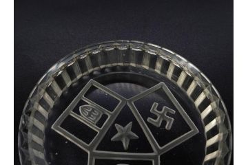 日独伊三国同盟記念　君が代　大日本海軍　万歳　大日本帝国戦捷紀念　ガラス皿3枚&コースターセット(日露戦争、桜文、戦勝記念皿、小皿、和ガラス、硝子)(R-082866)