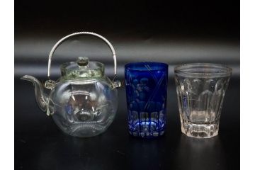 戦前　当時物　切子　剣先　ガラス　風情のある急須&グラス2客セット(コップ、色被せ、青、ポット、硝子、和ガラス)(R-082868)