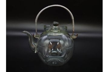 戦前　当時物　切子　剣先　ガラス　風情のある急須&グラス2客セット(コップ、色被せ、青、ポット、硝子、和ガラス)(R-082868)