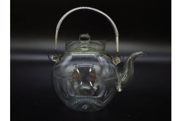 戦前　当時物　切子　剣先　ガラス　風情のある急須&グラス2客セット(コップ、色被せ、青、ポット、硝子、和ガラス)(R-082868)