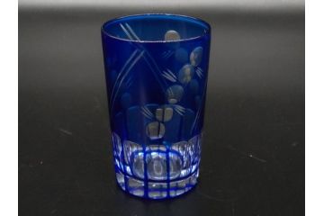 戦前　当時物　切子　剣先　ガラス　風情のある急須&グラス2客セット(コップ、色被せ、青、ポット、硝子、和ガラス)(R-082868)
