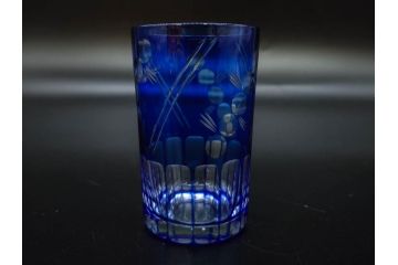 戦前　当時物　切子　剣先　ガラス　風情のある急須&グラス2客セット(コップ、色被せ、青、ポット、硝子、和ガラス)(R-082868)