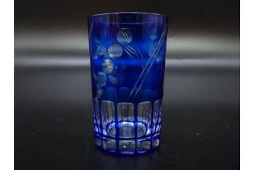 戦前　当時物　切子　剣先　ガラス　風情のある急須&グラス2客セット(コップ、色被せ、青、ポット、硝子、和ガラス)(R-082868)
