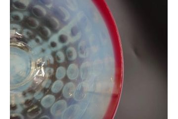 大正期　ラッパ型　型吹き　乳白ぼかし　格子文様　赤縁のアクセントに惹かれる氷コップ(グラス、硝子、和ガラス)(R-082873)