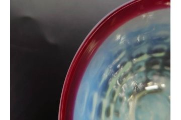 大正期　ラッパ型　型吹き　乳白ぼかし　格子文様　赤縁のアクセントに惹かれる氷コップ(グラス、硝子、和ガラス)(R-082873)