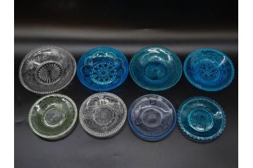 ウランガラス　プレスガラス　レース　食卓を爽やかに彩るガラス皿8枚セット(松葉、松の実、野球、硝子、中皿、小皿)(R-082887)
